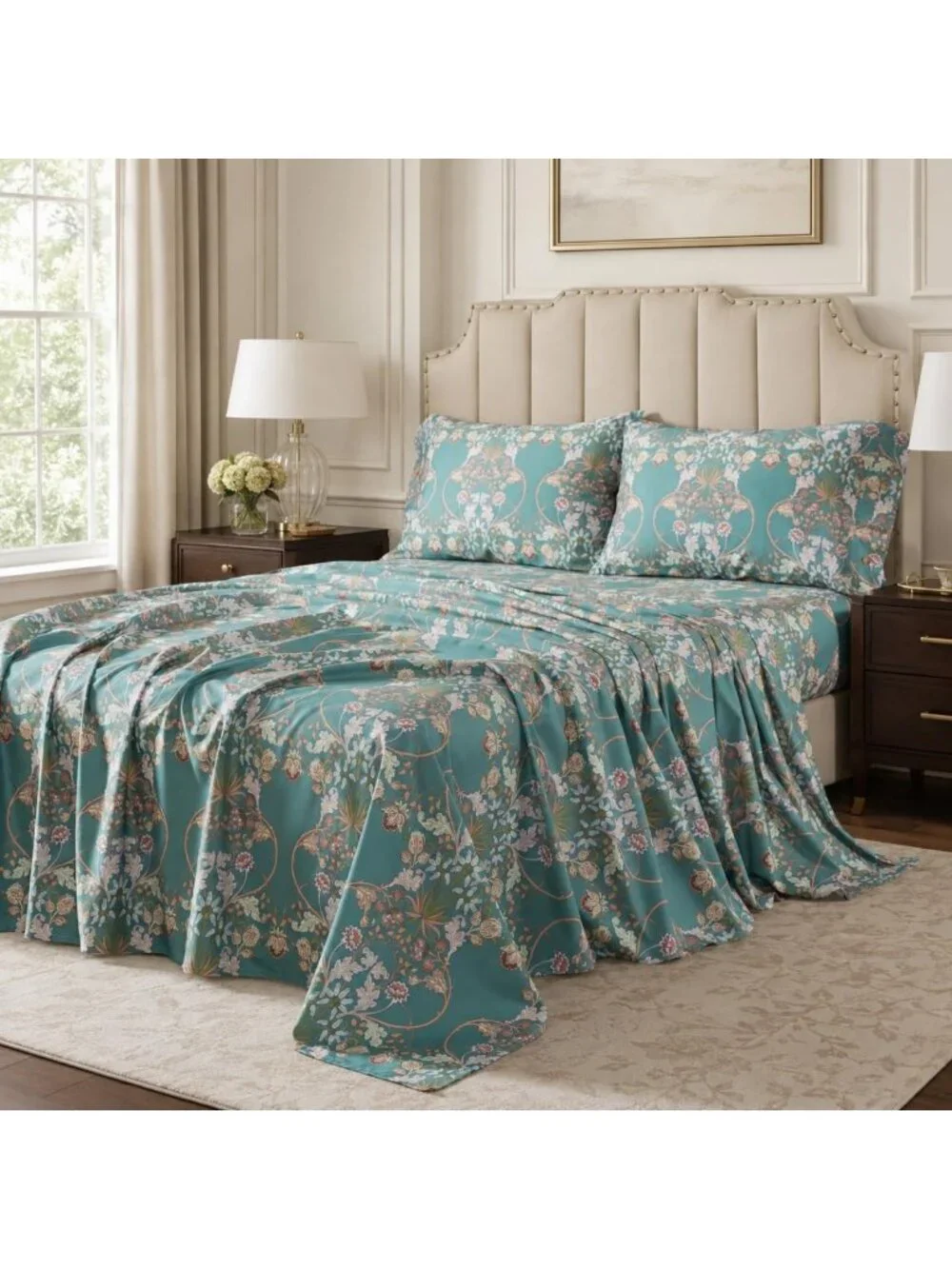 Luxury 100% Cotton Percale King Sheet Set - Teal Floral Print, Soft & Breathable